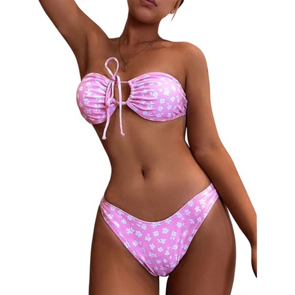 Bandeau Lavender Tie Front High Cut Bikini Sz L - Picture 1 of 4